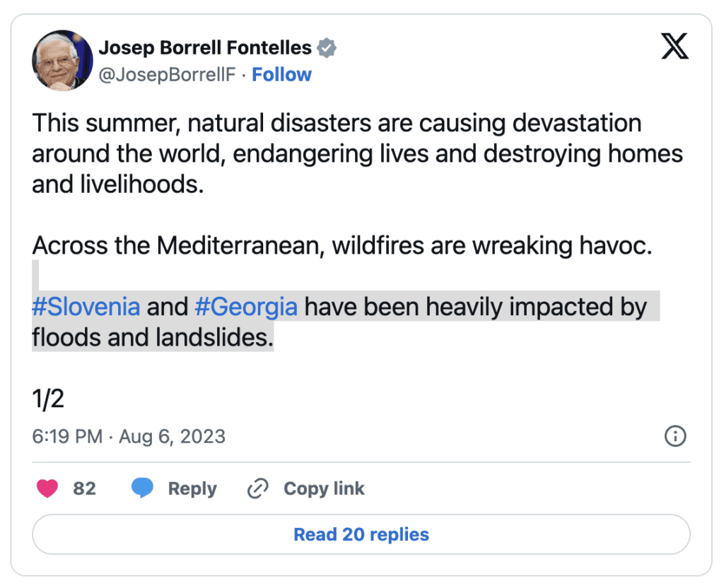 ჟოზეფ ბორელი: სლოვენია და საქართველო მძიმედ დაზარალდნენ წყალდიდობისა და მეწყრების შედეგად. კლიმატის ცვლილება უდავო რეალობაა და გლობალურ უსაფრთხოებას საფრთხეს უქმნის - image 2