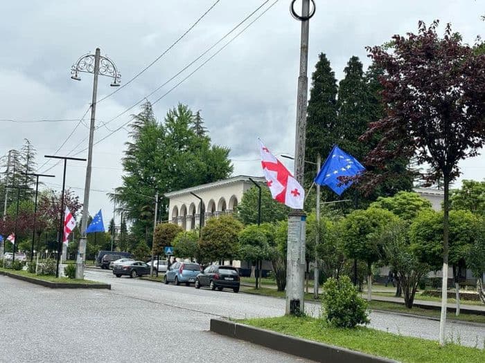 ევროკავშირის დღესთან დაკავშირებით სამეგრელო-ზემო სვანეთის მუნიციპალიტეტები საქართველოს და ევროპის დროშებით მოირთო - image 9