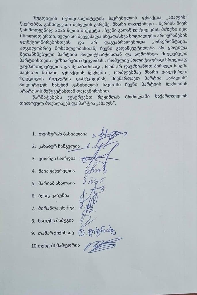 ზუგდიდის ბიუჯეტის მხარდაჭერის გამო „ახალის“ წევრები პარტიას ტოვებენ - image 6